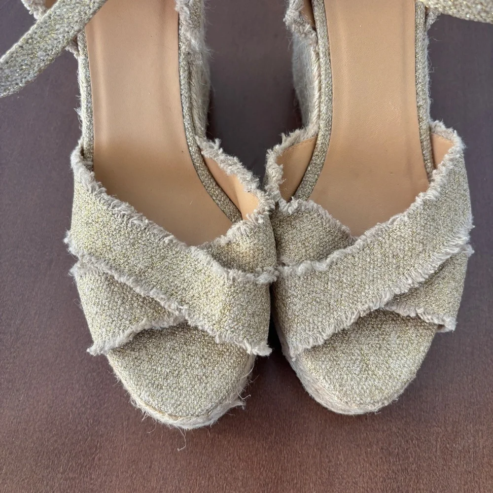 Castañer Bromelia Frayed Metallic Canvas Wedge Espadrilles, Size 39/ US 8